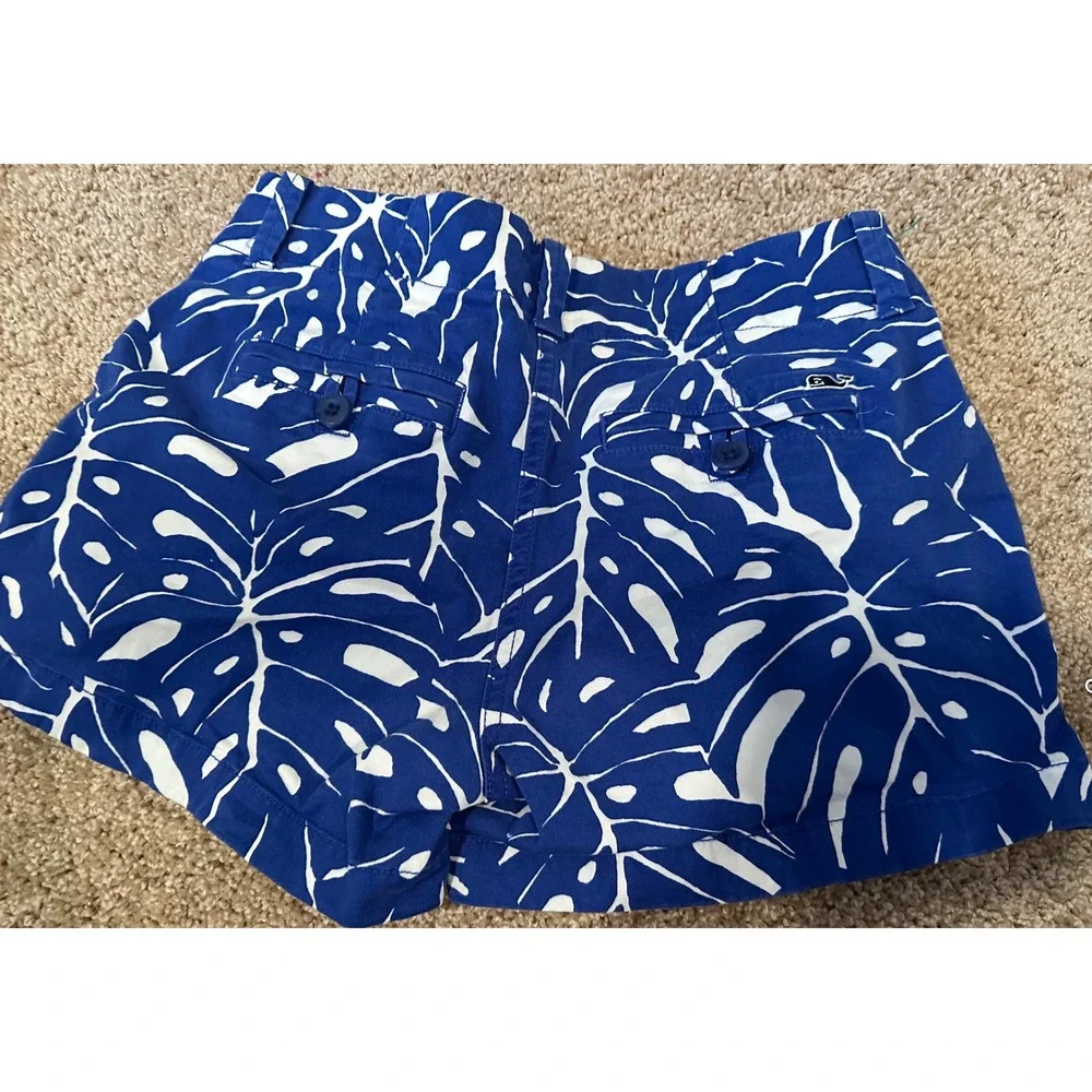 Vineyard Vines Womens Blue White Monstera‎ Leaf Daybreak Shorts Size 0 Tropical